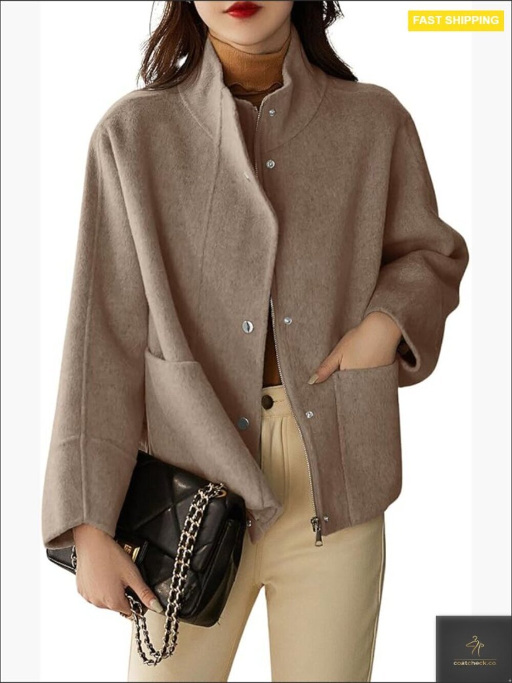 Wool Pea Coat Classic Stand Collar Casual Chic Vintage Overcoat with Pockets